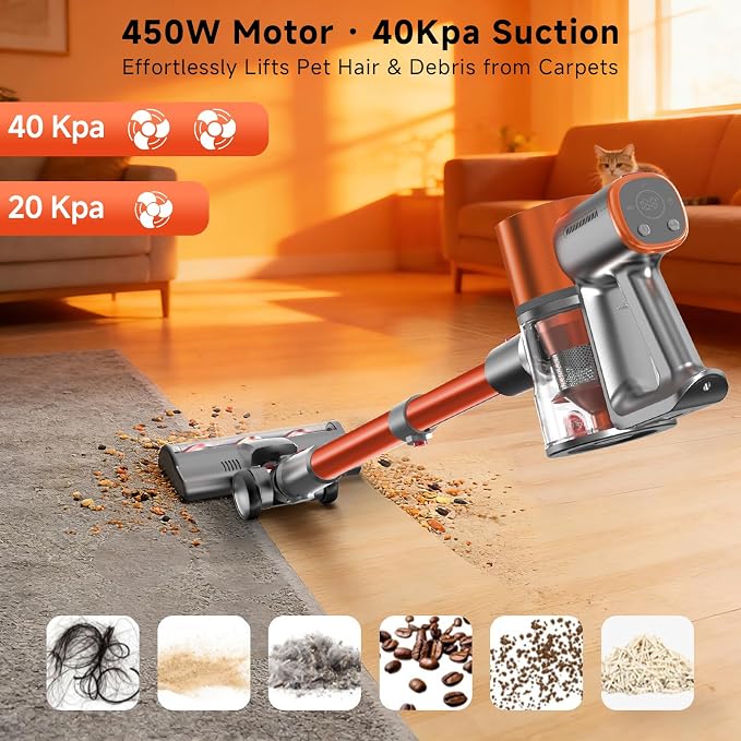 Stick Cordless Vacuum Cleaner - Lightweight Handheld Vacuum with Self Standing, Removable Battery with 45min Running Time