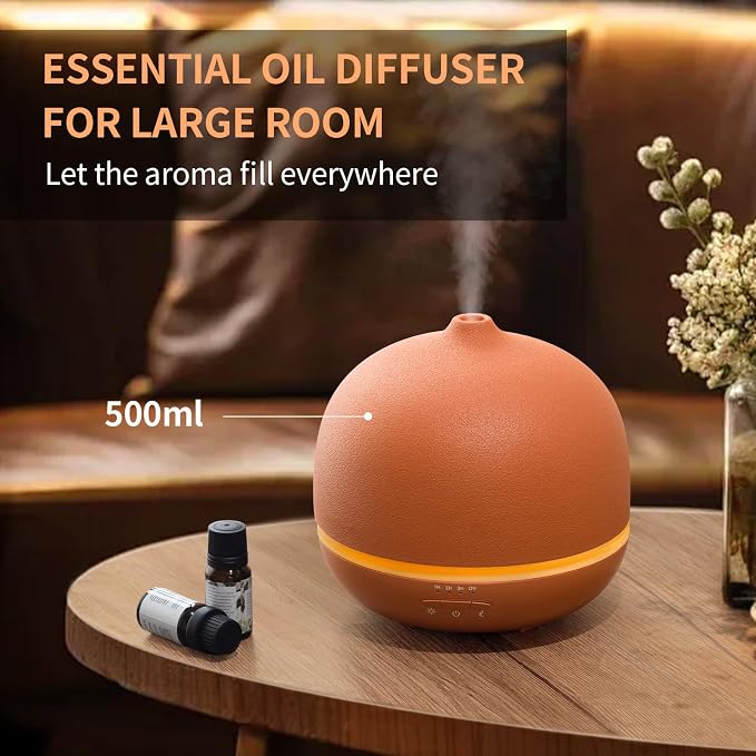 Stone Diffusers for Essential Oils Large Room,500ml Handmade Ceramic Diffuser with 4 Timer & 10 Ambient Light Settings for