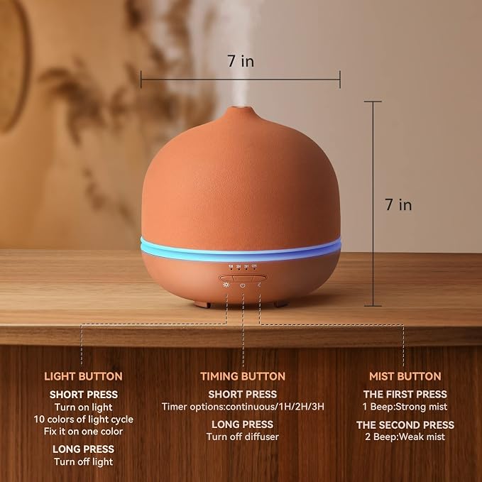 Stone Diffusers for Essential Oils Large Room,500ml Handmade Ceramic Diffuser with 4 Timer & 10 Ambient Light Settings for