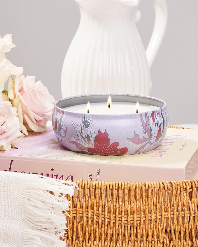 Strawberry Poundcake Scented Candles 12 oz, Large 3 Wick Soy Tin Candle, Over 40 Hour Burning Time, 100% Natural Vegan Wax