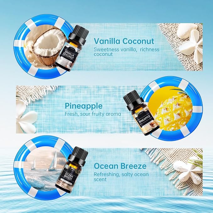 Summer Essential Oils for Diffusers for Home, 6X10ml Fragrance Oils Set, Aromatherapy Oils for Candles Making - Coconut