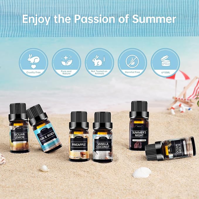 Summer Essential Oils for Diffusers for Home, 6X10ml Fragrance Oils Set, Aromatherapy Oils for Candles Making - Coconut