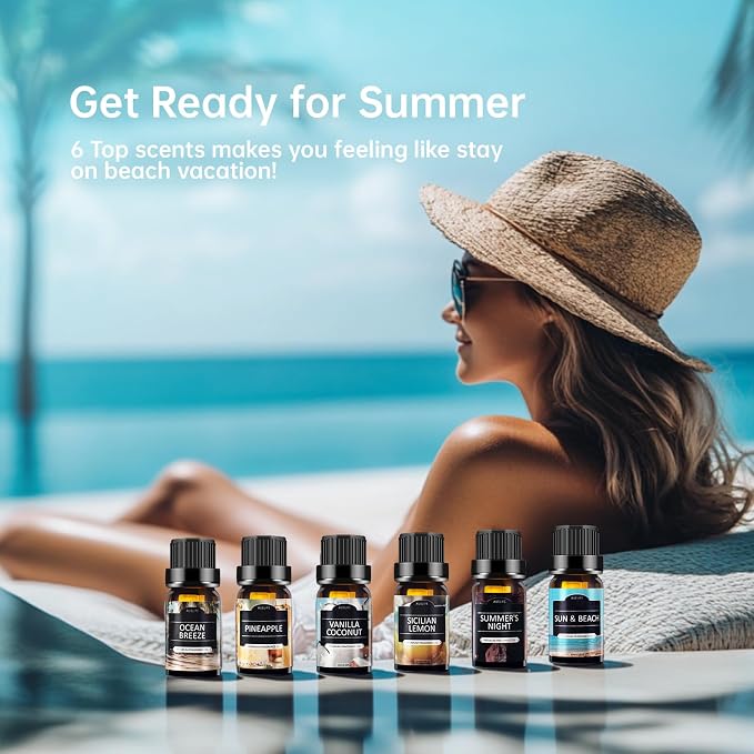 Summer Essential Oils for Diffusers for Home, 6X10ml Fragrance Oils Set, Aromatherapy Oils for Candles Making - Coconut
