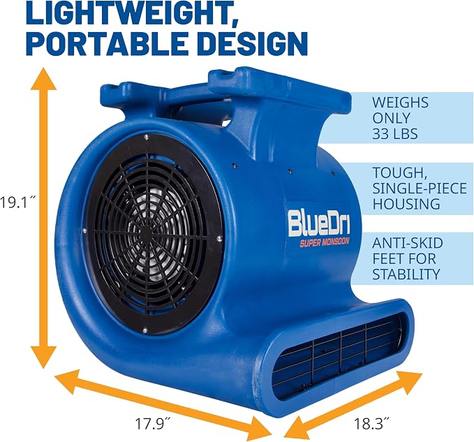 Super Monsoon 1 HP, 4050 CFM Air Mover Blower Fan for Water Damage Restoration Carpet Dryer Floor Home and Plumbing Use