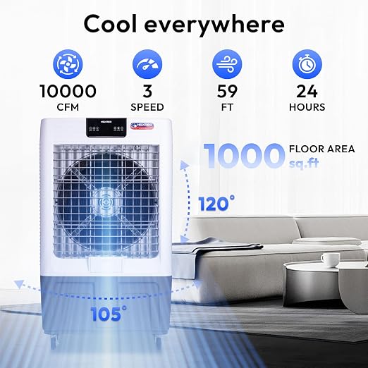 Swamp Cooler, 10000 CFM Evaporative Air Cooler with 3-Speed, Remote Control, 24H Timer, 29 Gallon, Water Shortage Warning, 9