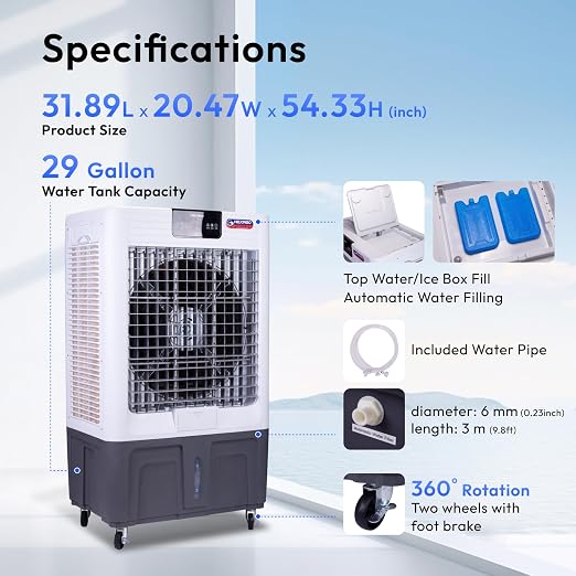 Swamp Cooler, 10000 CFM Evaporative Air Cooler with 3-Speed, Remote Control, 24H Timer, 29 Gallon, Water Shortage Warning, 9