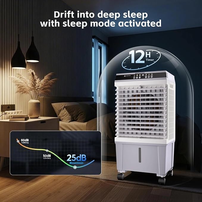 Swamp Cooler,1800CFM Air Cooler with 5.3 Gal Water Tank, 2 Modes 3 Speeds,l,6 Ice Boxes,120°Oscillation,12H Timer