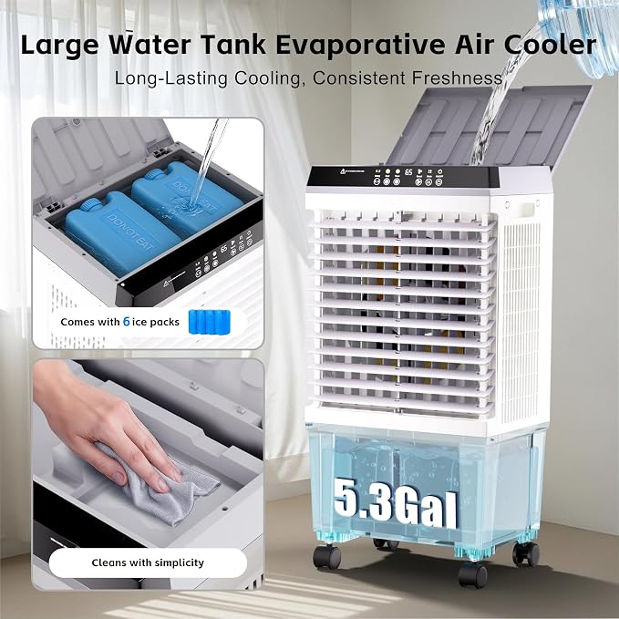 Swamp Cooler,1800CFM Air Cooler with 5.3 Gal Water Tank, 2 Modes 3 Speeds,l,6 Ice Boxes,120°Oscillation,12H Timer