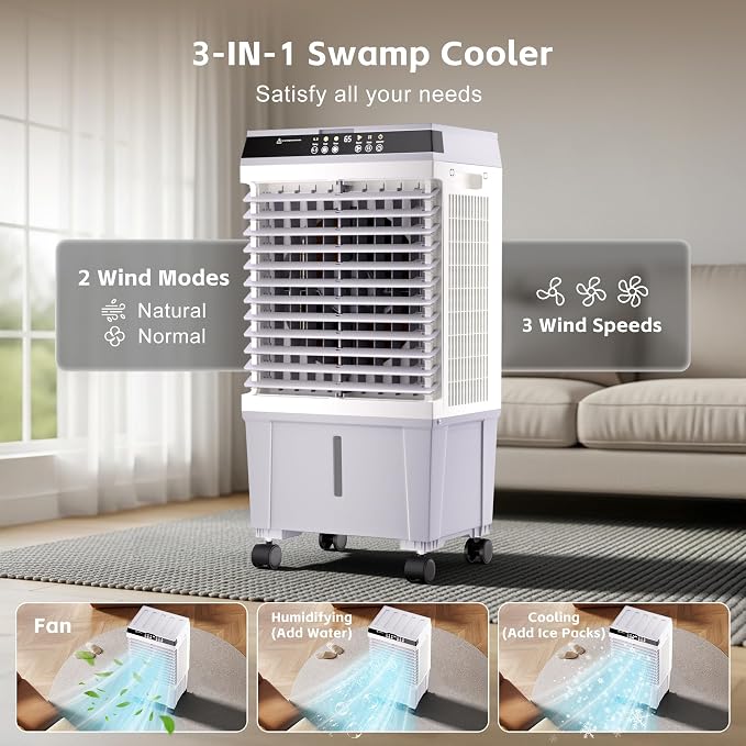 Swamp Cooler,1800CFM Air Cooler with 5.3 Gal Water Tank, 2 Modes 3 Speeds,l,6 Ice Boxes,120°Oscillation,12H Timer