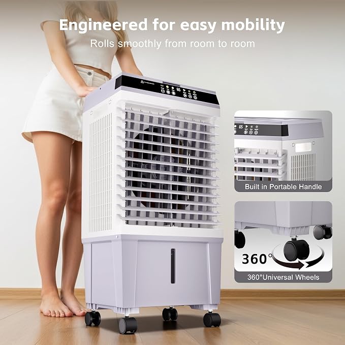 Swamp Cooler,1800CFM Air Cooler with 5.3 Gal Water Tank, 2 Modes 3 Speeds,l,6 Ice Boxes,120°Oscillation,12H Timer