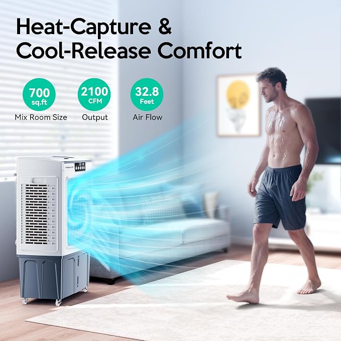 Swamp Cooler, 2100CFM Evaporative Air Cooler with Auto fill, 120° Oscillation, Remote Control & 24H Timer, 3 Wind Speeds for