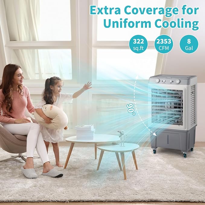 Swamp Cooler, 2353CFM Evaporative Air Cooler with 8-Gal Tank, 1H Timer, 90° Oscillation, Portable Cooling Fan w/Scroll