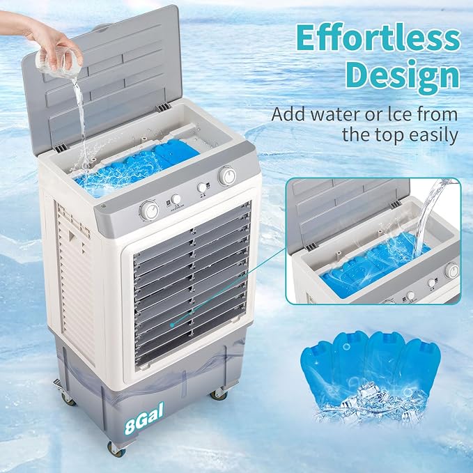 Swamp Cooler, 2353CFM Evaporative Air Cooler with 8-Gal Tank, 1H Timer, 90° Oscillation, Portable Cooling Fan w/Scroll