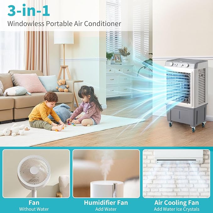 Swamp Cooler, 2353CFM Evaporative Air Cooler with 8-Gal Tank, 1H Timer, 90° Oscillation, Portable Cooling Fan w/Scroll