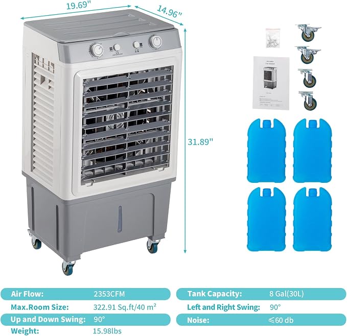 Swamp Cooler, 2353CFM Evaporative Air Cooler with 8-Gal Tank, 1H Timer, 90° Oscillation, Portable Cooling Fan w/Scroll