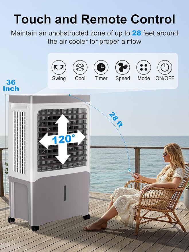 Swamp Cooler, 2800 CFM Evaporative Air Cooler with 7 Gal Water Tank, Remote Control, 12 H Timer, 120° Oscillation, 3 Speed