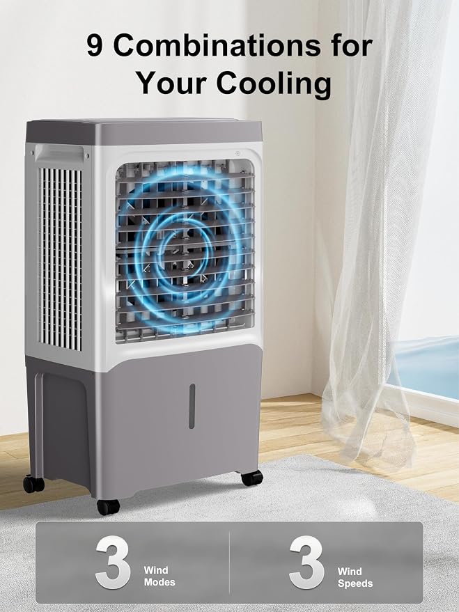 Swamp Cooler, 2800 CFM Evaporative Air Cooler with 7 Gal Water Tank, 4 Ice Packs, Remote, 12 H Timer, 120° Oscillation