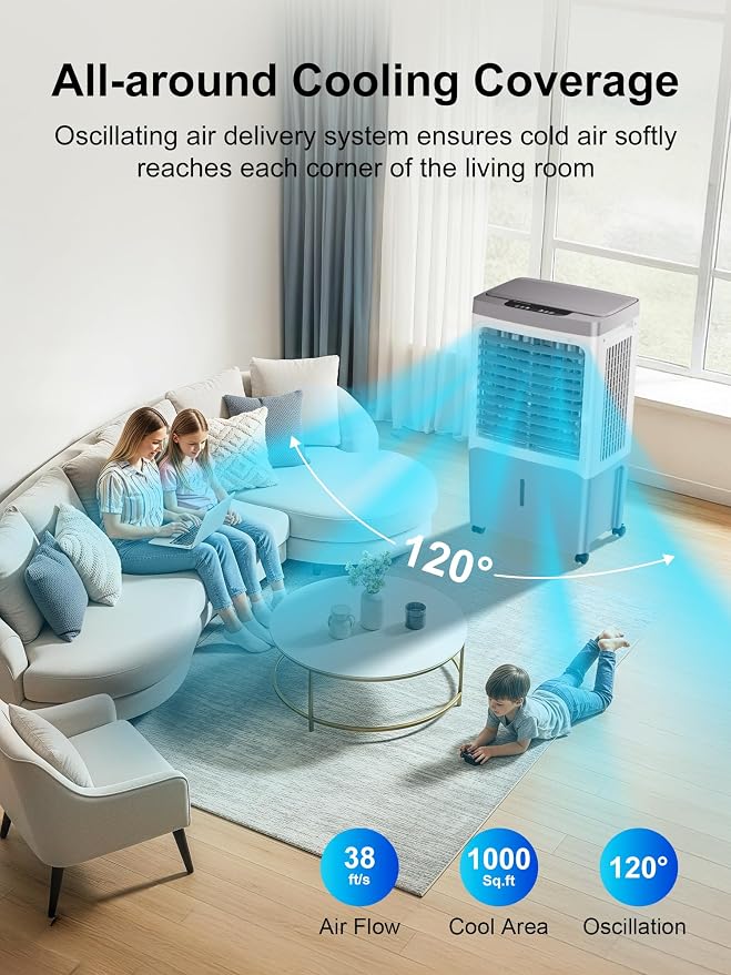 Swamp Cooler, 2800 CFM Evaporative Air Cooler with 7 Gal Water Tank, 4 Ice Packs, Remote, 12 H Timer, 120° Oscillation