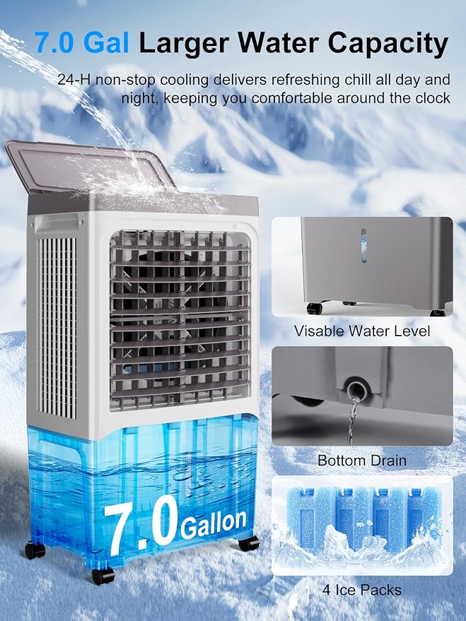 Swamp Cooler, 2800 CFM Evaporative Air Cooler with 7 Gal Water Tank, 4 Ice Packs, Remote, 12 H Timer, 120° Oscillation