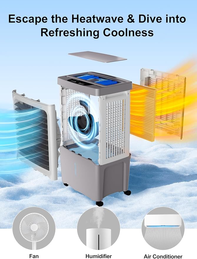 Swamp Cooler, 2800 CFM Evaporative Air Cooler with 7 Gal Water Tank, 4 Ice Packs, Remote, 12 H Timer, 120° Oscillation