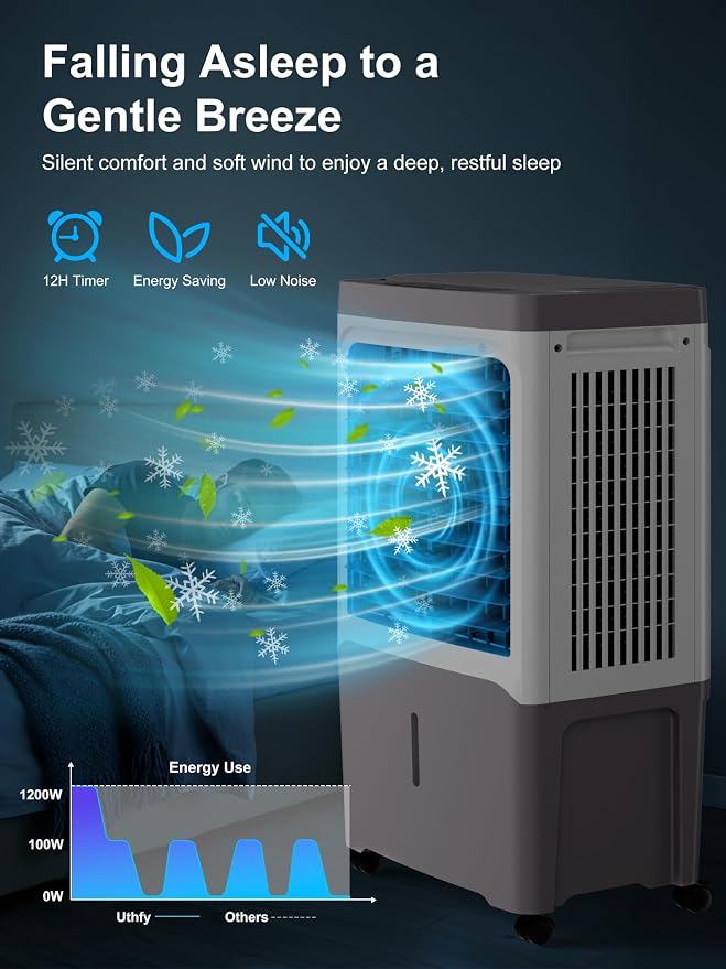 Swamp Cooler, 2800 CFM Evaporative Air Cooler with 7 Gal Water Tank, 4 Ice Packs, Remote, 12 H Timer, 120° Oscillation