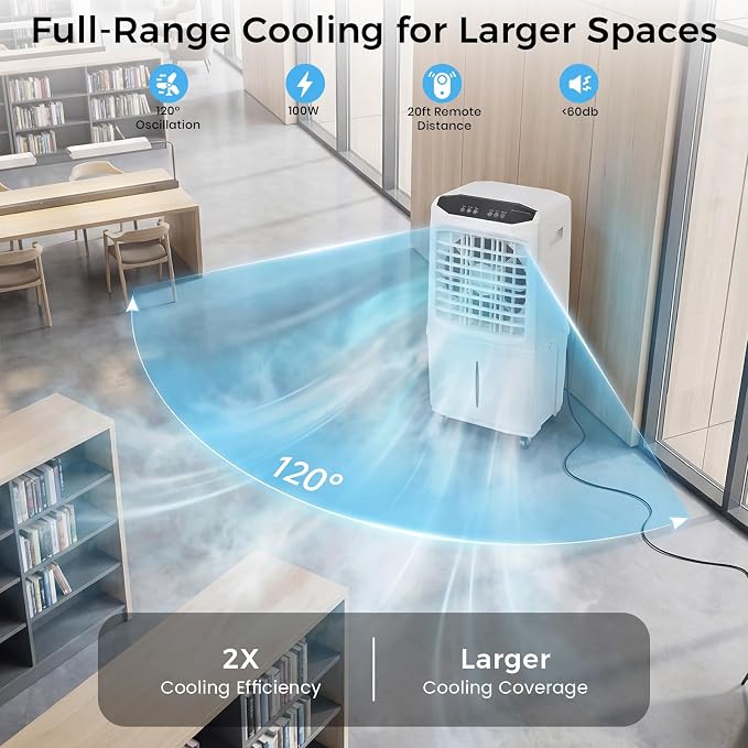 Swamp Cooler, 3000 CFM Evaporative Air Cooler with 10 Gallon Water Tank, 120° Oscillation, 12H Timer, Foldable Design and