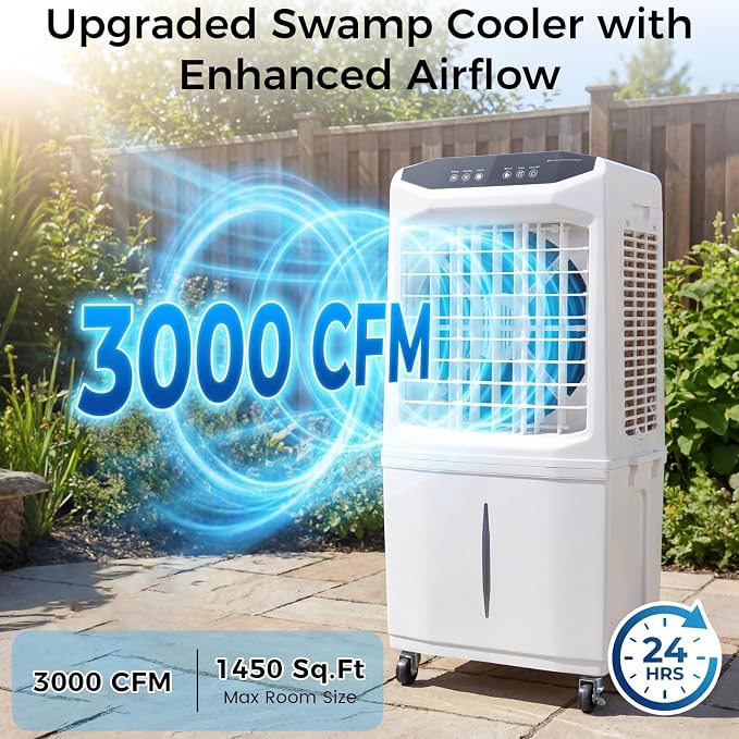 Swamp Cooler, 3000 CFM Evaporative Air Cooler with 10 Gallon Water Tank, 120° Oscillation, 12H Timer, Foldable Design and