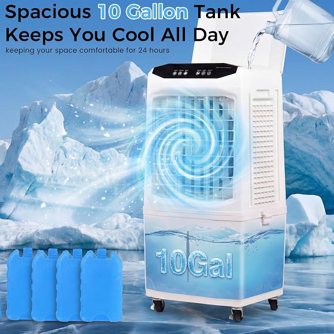 Swamp Cooler, 3000 CFM Evaporative Air Cooler with 10 Gallon Water Tank, 120° Oscillation, 12H Timer, Foldable Design and