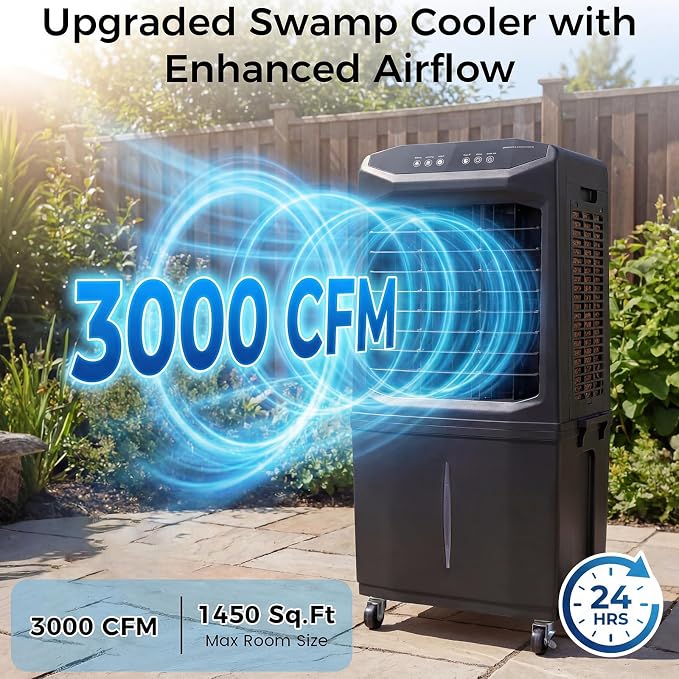 Swamp Cooler, 3000 CFM Evaporative Air Cooler with 10 Gallon Water Tank, 120° Oscillation, 12H Timer, Foldable Design and