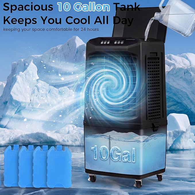 Swamp Cooler, 3000 CFM Evaporative Air Cooler with 10 Gallon Water Tank, 120° Oscillation, 12H Timer, Foldable Design and