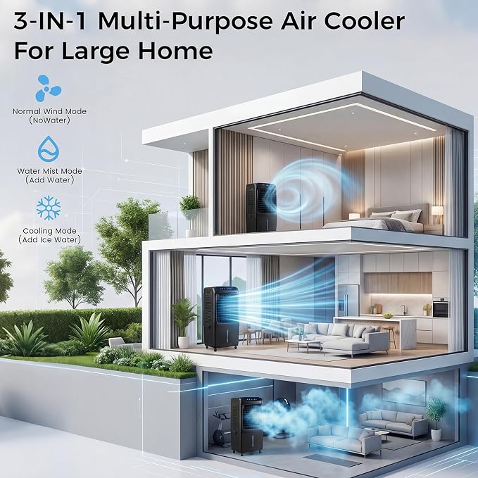Swamp Cooler, 3000 CFM Evaporative Air Cooler with 10 Gallon Water Tank, 120° Oscillation, 12H Timer, Foldable Design and