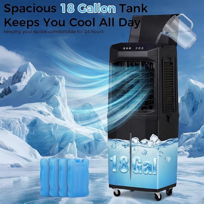 Swamp Cooler, 3000 CFM Evaporative Air Cooler with 10 Gallon Water Tank, 120° Oscillation, 12H Timer, Foldable Design and