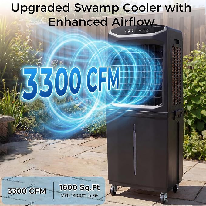 Swamp Cooler, 3000 CFM Evaporative Air Cooler with 10 Gallon Water Tank, 120° Oscillation, 12H Timer, Foldable Design and