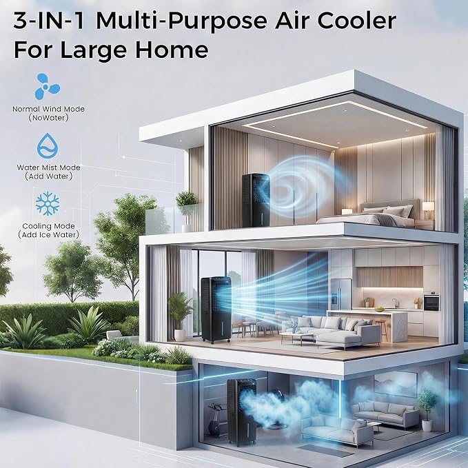 Swamp Cooler, 3000 CFM Evaporative Air Cooler with 10 Gallon Water Tank, 120° Oscillation, 12H Timer, Foldable Design and