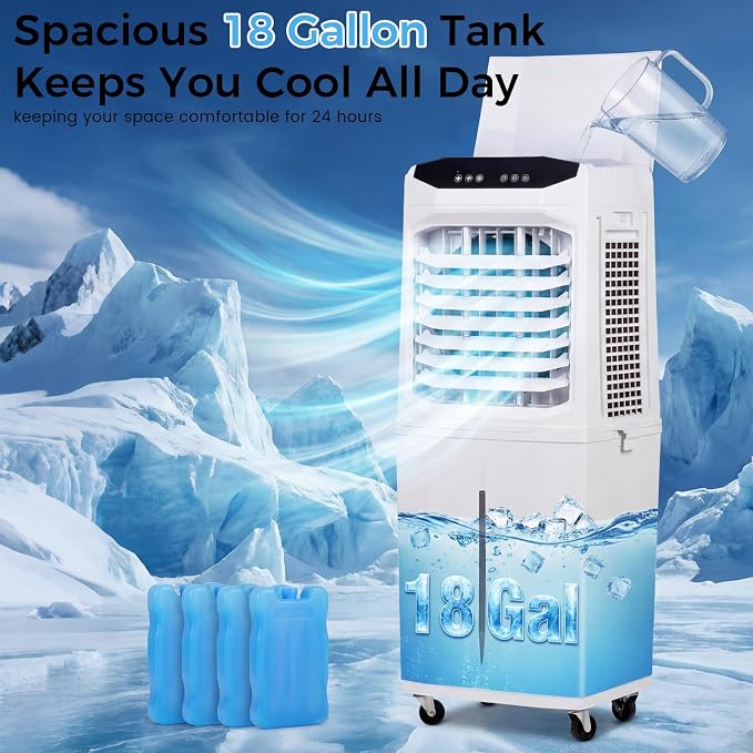Swamp Cooler, 3000 CFM Evaporative Air Cooler with 10 Gallon Water Tank, 120° Oscillation, 12H Timer, Foldable Design and