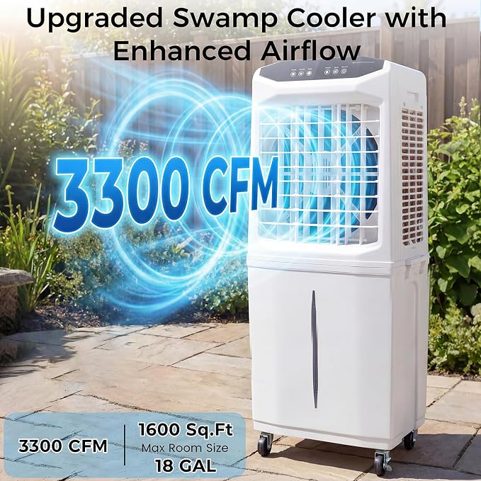 Swamp Cooler, 3000 CFM Evaporative Air Cooler with 10 Gallon Water Tank, 120° Oscillation, 12H Timer, Foldable Design and