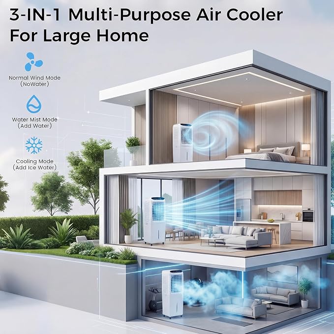 Swamp Cooler, 3000 CFM Evaporative Air Cooler with 10 Gallon Water Tank, 120° Oscillation, 12H Timer, Foldable Design and