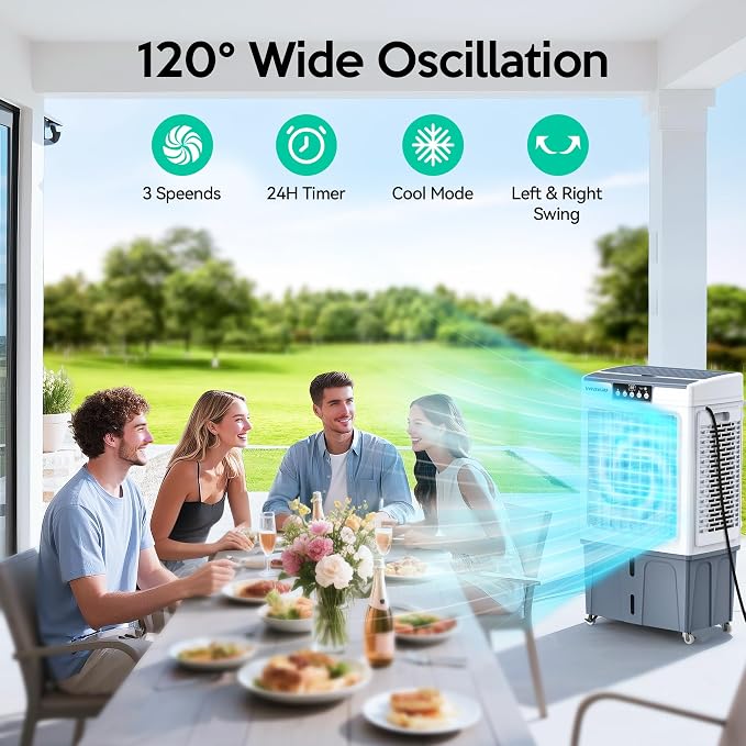 Swamp Cooler, 3100CFM Evaporative Air Cooler with Auto fill, 120° Oscillation, Remote Control & 24H Timer, 3 Wind Speeds for
