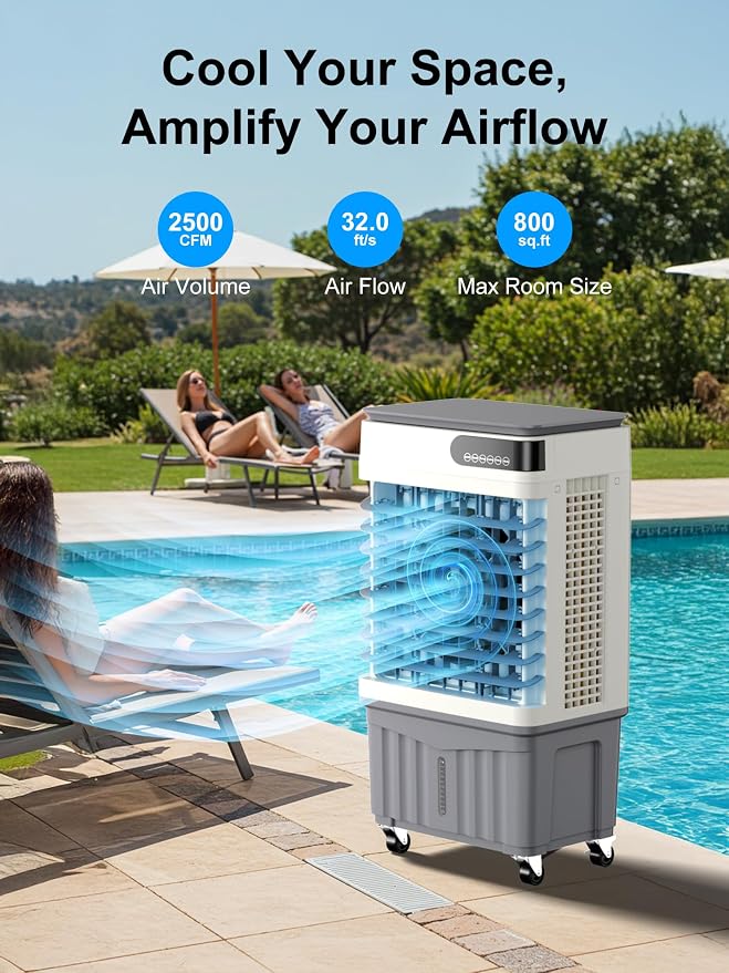 Swamp Cooler, 36 Inch Evaporative Air Cooler with 8 Gal Water Tank, 2500 CFM, 120° Oscillation, 3 Modes & 3 Speeds, Remote