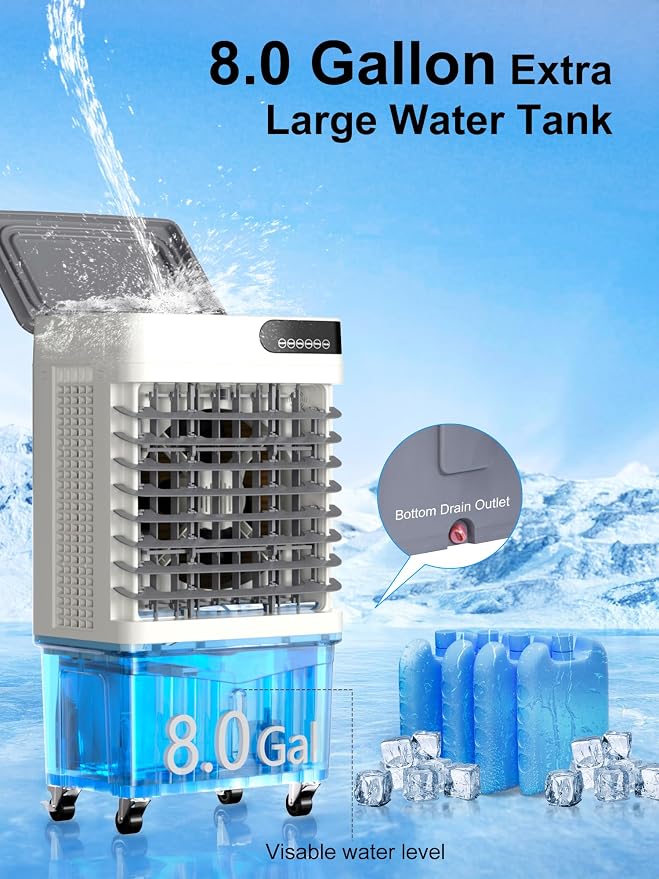 Swamp Cooler, 36 Inch Evaporative Air Cooler with 8 Gal Water Tank, 2500 CFM, 120° Oscillation, 3 Modes & 3 Speeds, Remote