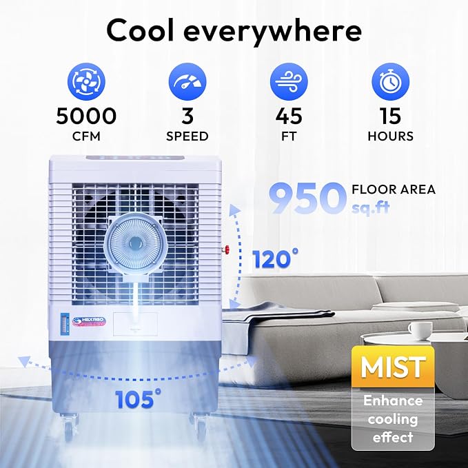 Swamp Cooler, 5000 CFM Evaporative Air Cooler with Mist, 3-Speed, Remote Control, 15H Timer, 13.2 Gallon, Water Shortage