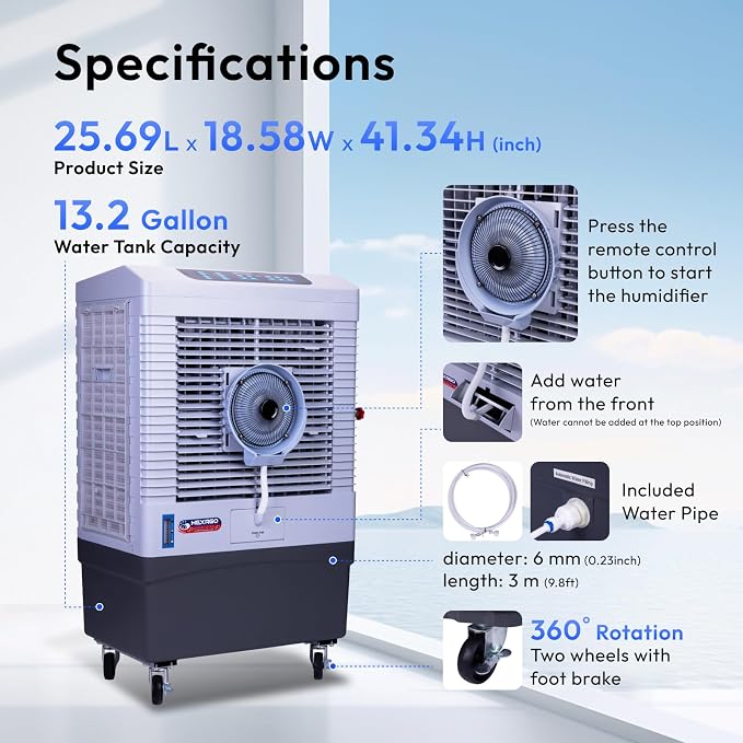 Swamp Cooler, 5000 CFM Evaporative Air Cooler with Mist, 3-Speed, Remote Control, 15H Timer, 13.2 Gallon, Water Shortage