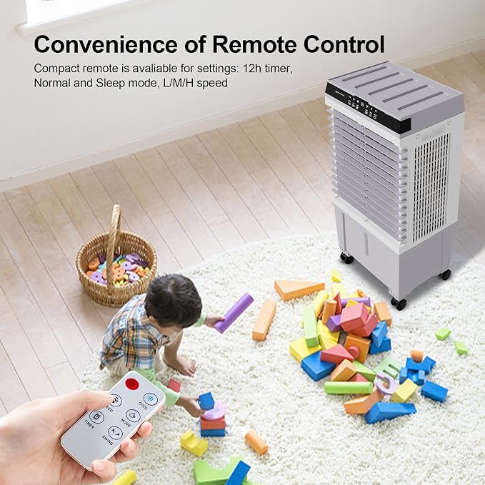 Swamp Cooler Air Conditioner, Evaporative Air Cooler with 4.6 Gallon Water Tank, 4 Ice Box, Remote, 12H Timer