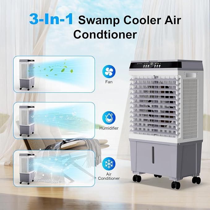 Swamp Cooler Air Conditioner, Evaporative Air Cooler with 5.3 Gallon Water Tank, 4 Ice Box, Remote, 12H Timer, alternate view