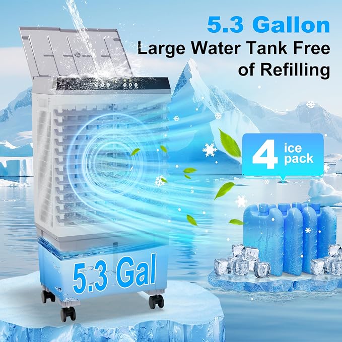 Swamp Cooler Air Conditioner, Evaporative Air Cooler with 5.3 Gallon Water Tank, 4 Ice Box, Remote, 12H Timer, alternate view