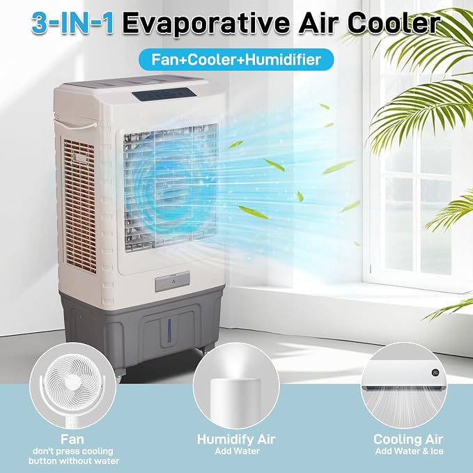 Swamp Cooler Air Conditioner with Remote & 12H Timer, 3000CFM Evaporative Air Cooler w/ 10 Gal Water Tank, Portable Cooler