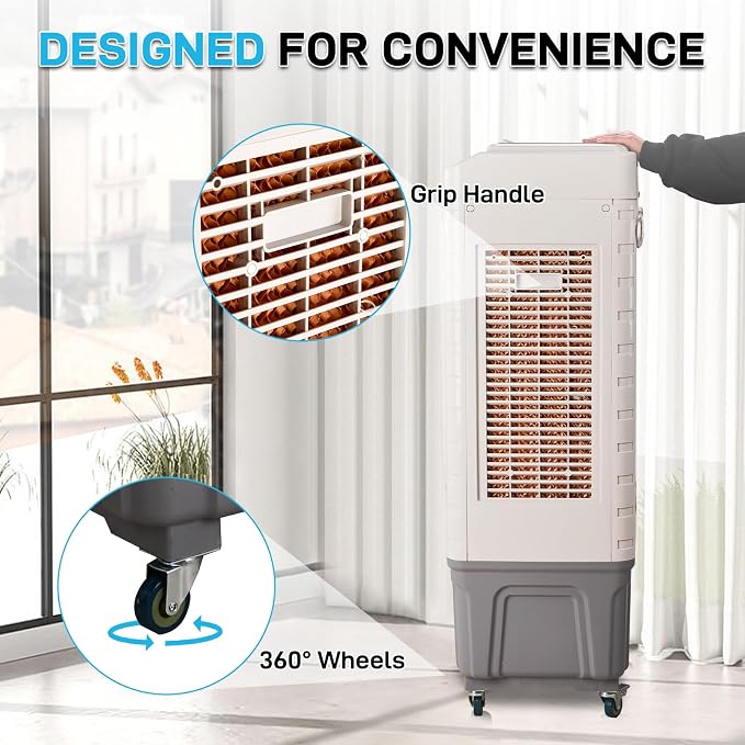 Swamp Cooler Air Conditioner with Remote & 12H Timer, 3000CFM Evaporative Air Cooler w/ 10 Gal Water Tank, Portable Cooler