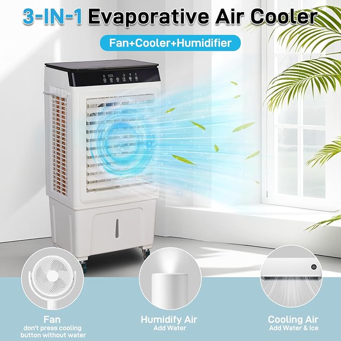 Swamp Cooler Air Conditioner with Remote & 12H Timer, 5000CFM Evaporative Air Cooler w/ 12 Gal Water Tank, Portable Cooler