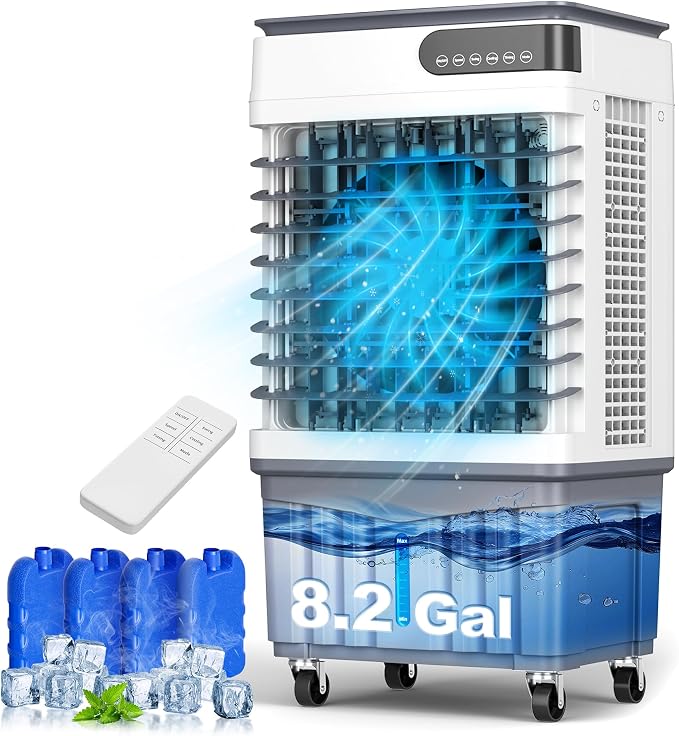 Swamp Cooler Air Conditioners, 4-IN-1 Evaporative Cooler With 8.2 Gal Water Tank, 4 Ice Packs, Remote, 12H Timer