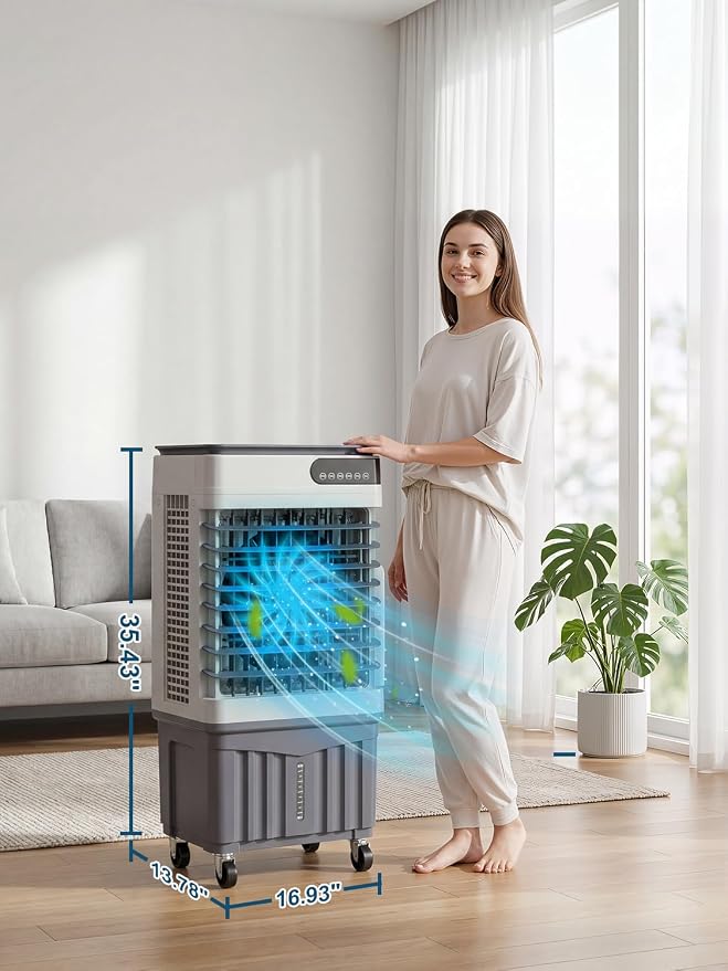 Swamp Cooler Air Conditioners, 4-IN-1 Evaporative Cooler With 8.2 Gal Water Tank, 4 Ice Packs, Remote, 12H Timer